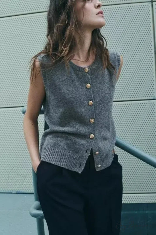 Round Neck Gold Button Sleeveless Cardigan S cardigans-241228