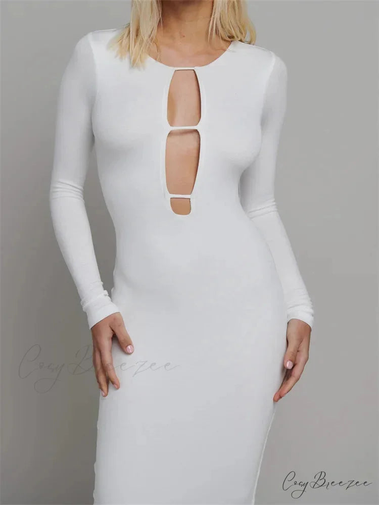 Round Neck Hollow Out Party Clubwear for Women Backless Sleeve Solid Color Slim Fit Vestidos