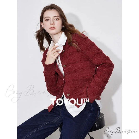 Round Neck Jacquard Embroidered Cardigan True Red / S