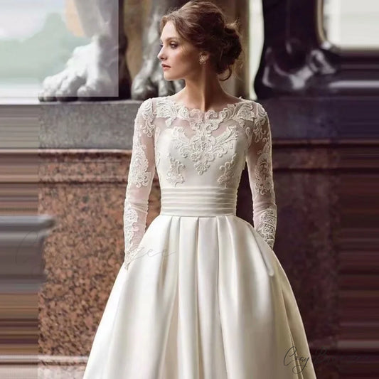 Round Neck Lace Satin Wedding Dress lvory white / XS weddingdress-250223