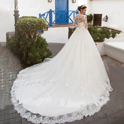 Round Neck Long Sleeve Lace Wedding Dress lvory white / 2 weddingdress-250223