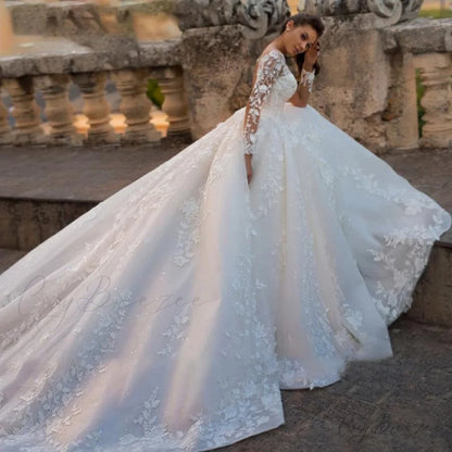 Round Neck Long Sleeve Sheer Wedding Dress lvory white / 2 weddingdress-250223
