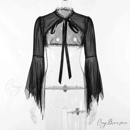 Round Neck Serrated Edge Thin Gothic Lolita Pleated Edge Cardigan Black / S
