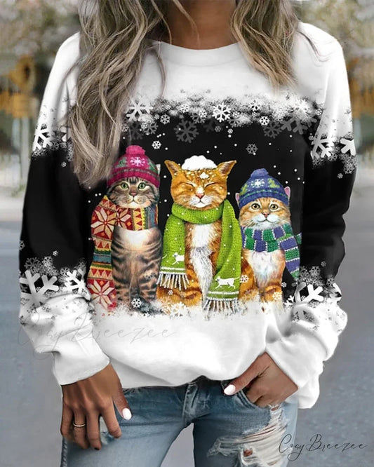 Round neck with cat sweatshirt print Black / S