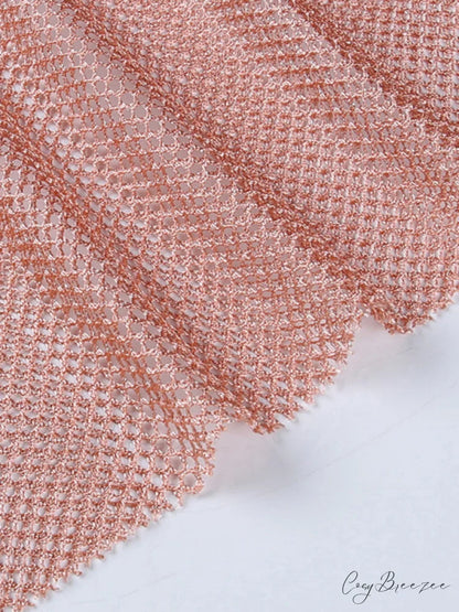 Round Splicing Neck Furry Hollow Mesh Glitter Arm Women’s See-through Long Dress