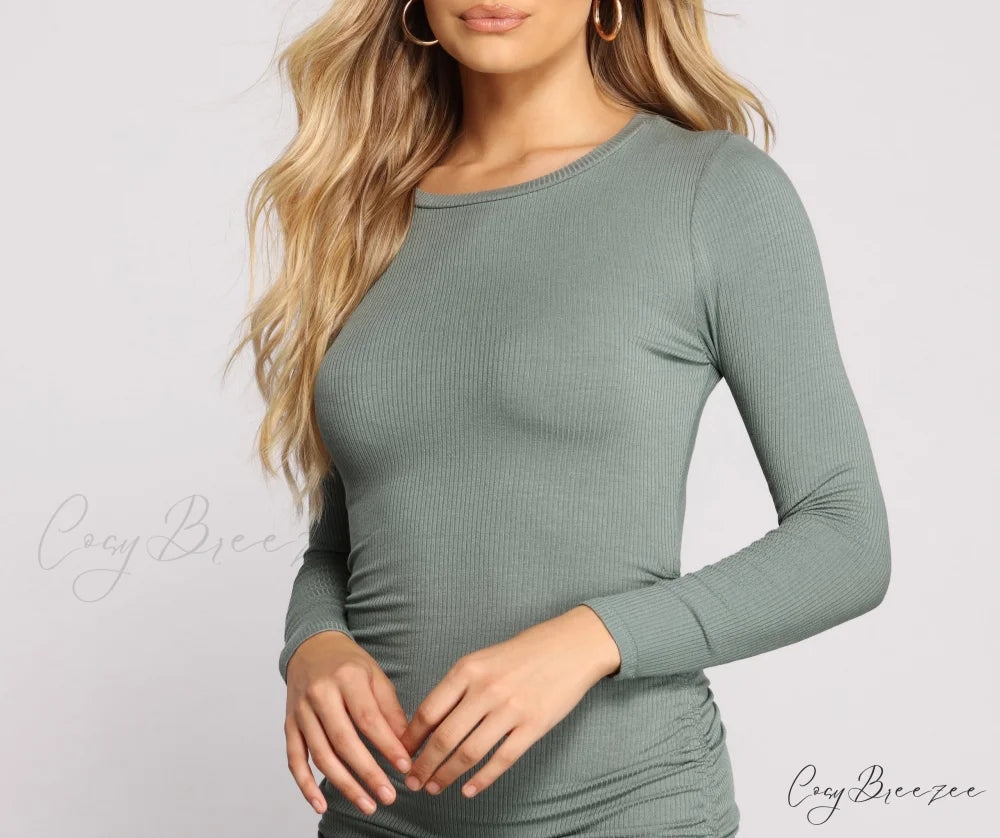 Ruched And Ribbed Knit Graceful Crew Neck Mini Dress