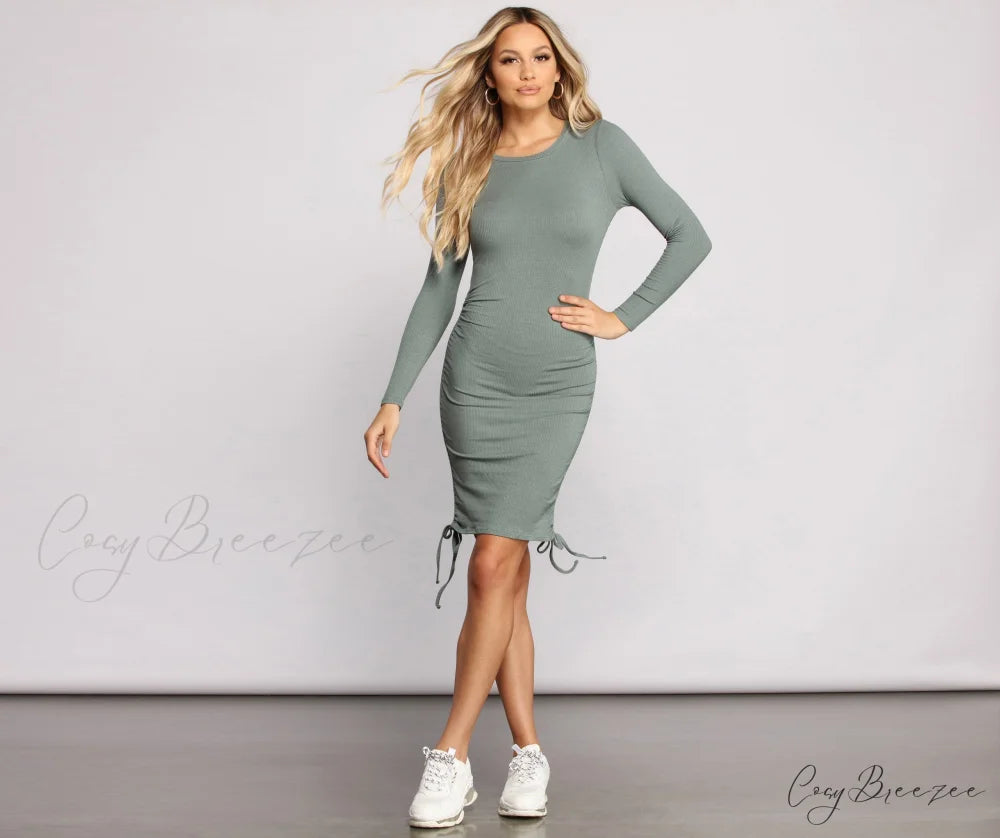 Ruched And Ribbed Knit Graceful Crew Neck Mini Dress