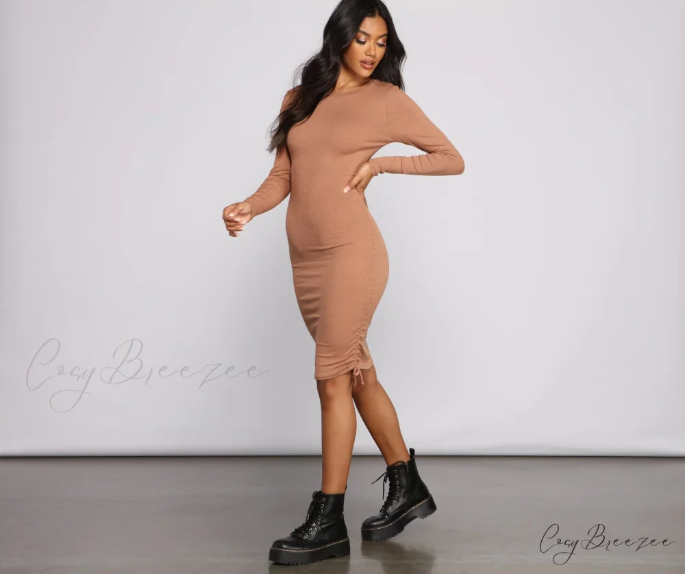Ruched And Ribbed Knit Graceful Crew Neck Mini Dress