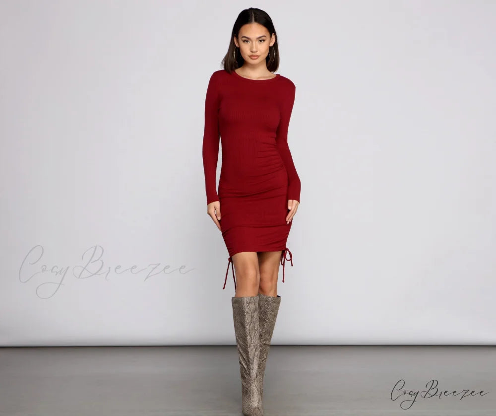 Ruched And Ribbed Knit Graceful Crew Neck Mini Dress