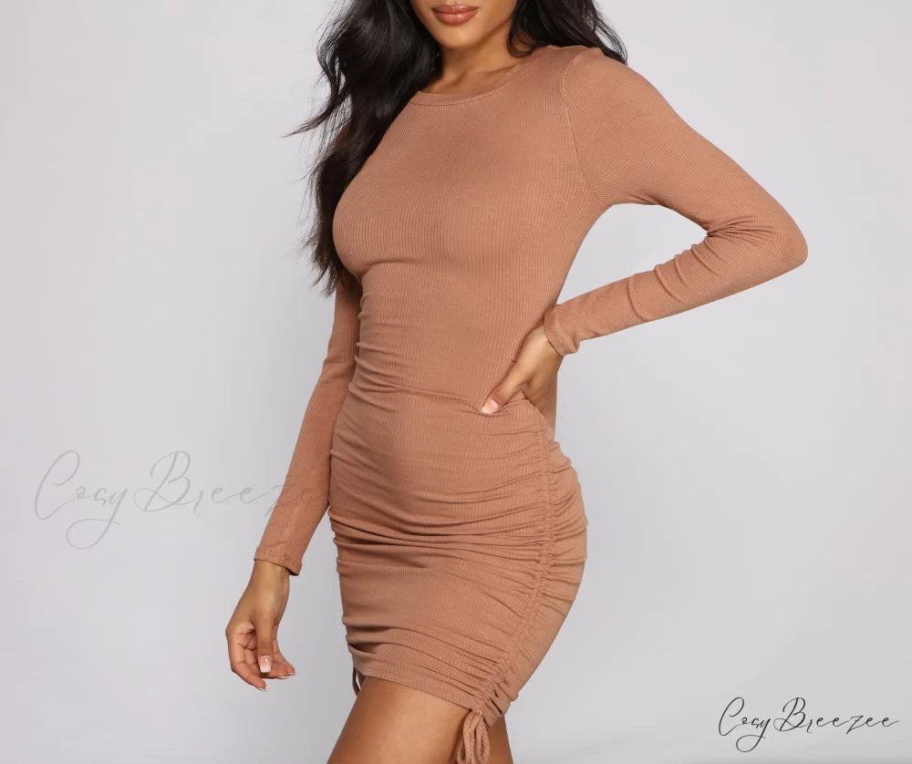 Ruched And Ribbed Knit Graceful Crew Neck Mini Dress