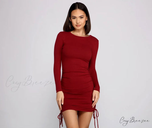 Ruched And Ribbed Knit Graceful Crew Neck Mini Dress BURGUNDY / XS