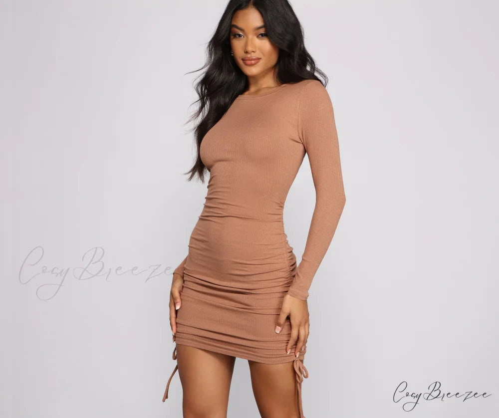 Ruched And Ribbed Knit Graceful Crew Neck Mini Dress TAN / XS