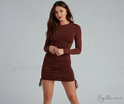 Ruched Babe Long Charming Sleeve Mini Dress BROWN / XS