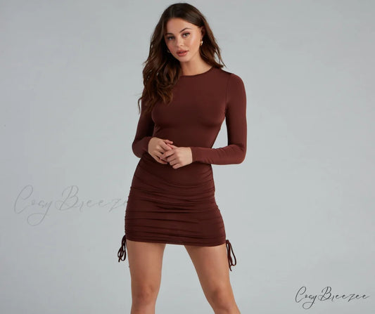 Ruched Babe Long Charming Sleeve Mini Dress BROWN / XS