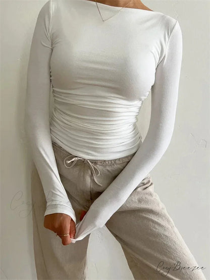 Ruched Casual Slim Fit Pullovers Long Sleeve T-Shirts WHITE / S