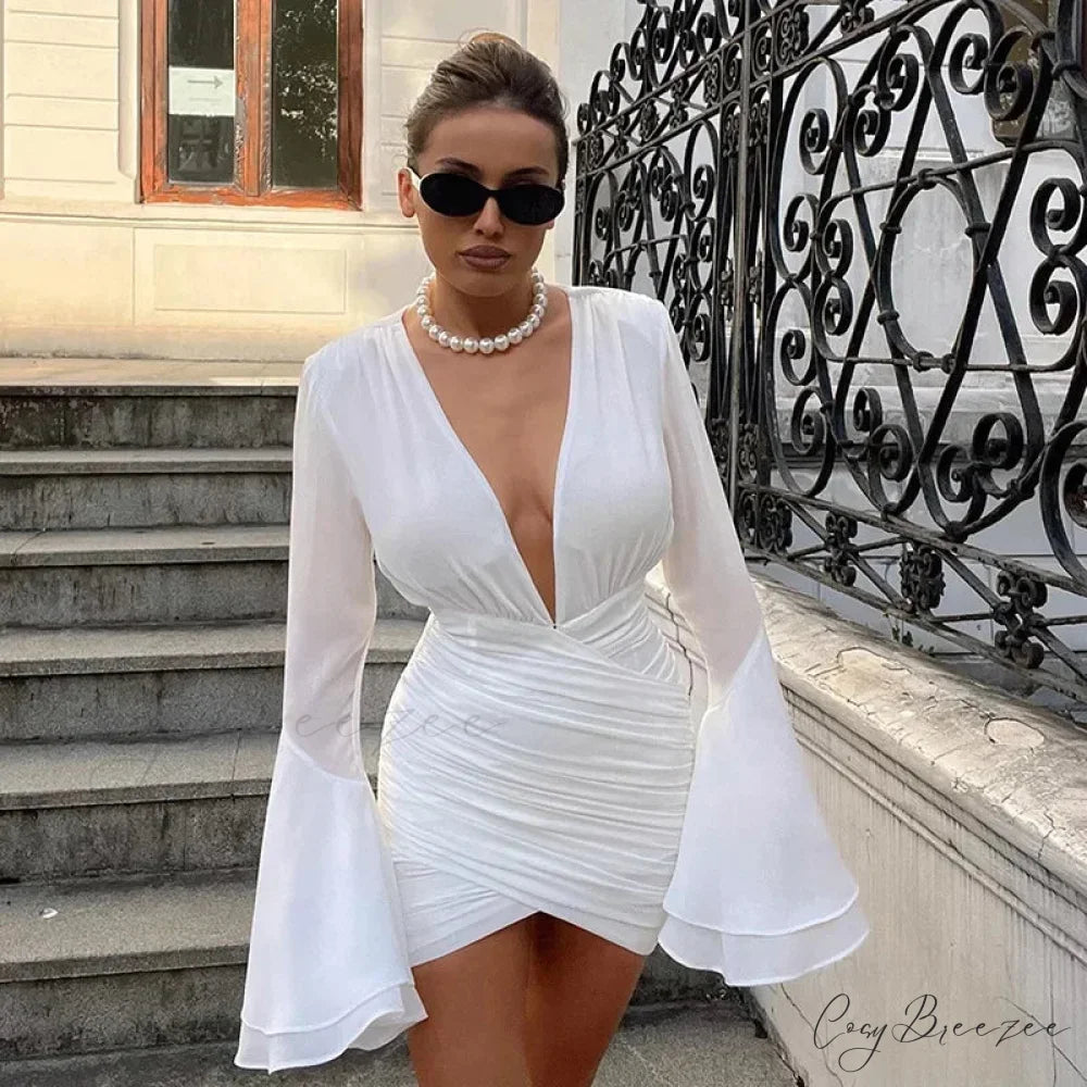 Ruched Chiffon Long Sleeve Wrap Mini Dress