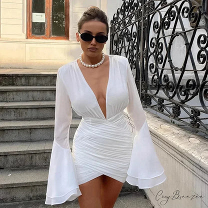 Ruched Chiffon Long Sleeve Wrap Mini Dress