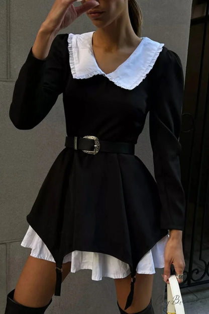 Ruched Fake Two-Pieces Dress with Doll Collar Black / M