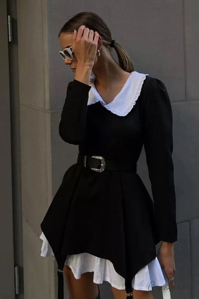 Ruched Fake Two-Pieces Dress with Doll Collar Black / S