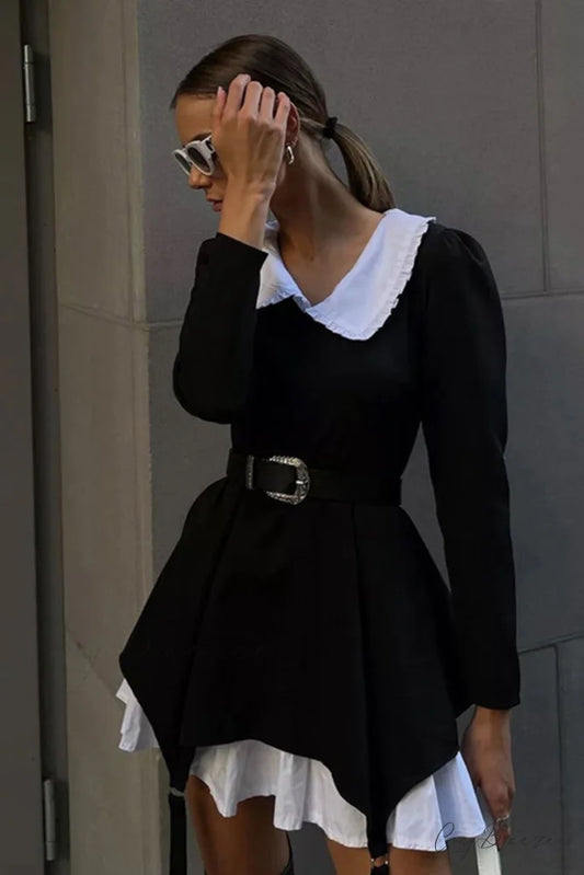 Ruched Fake Two-Pieces Dress with Doll Collar Black / S