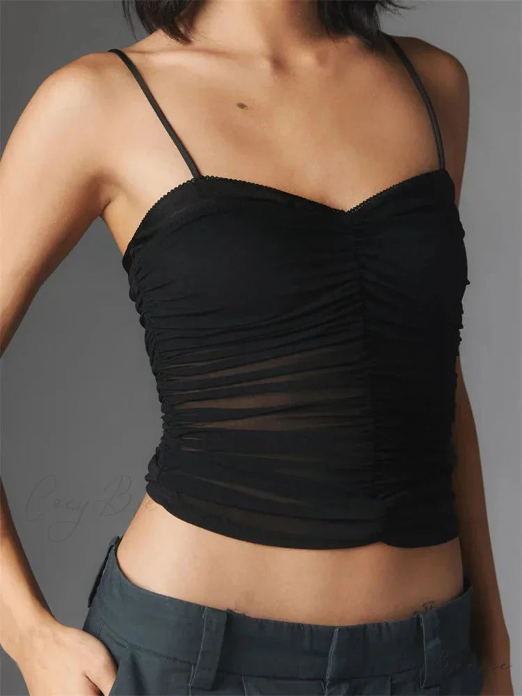 Ruched Floral Leopard Spaghetti Strap Crop Top BLACK / S croptop-250126