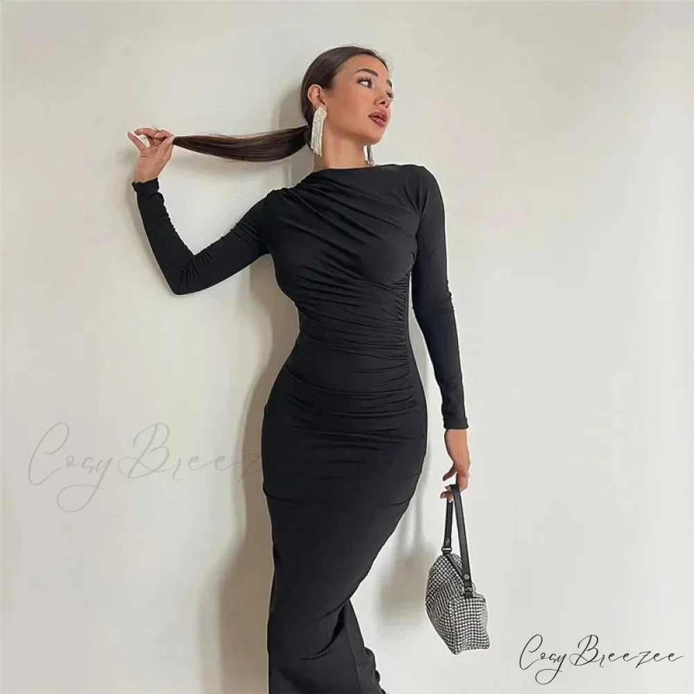 Ruched Long Bodycon Maxi Dress Black / S