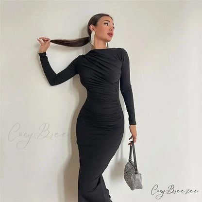 Ruched Long Bodycon Maxi Dress Black / S