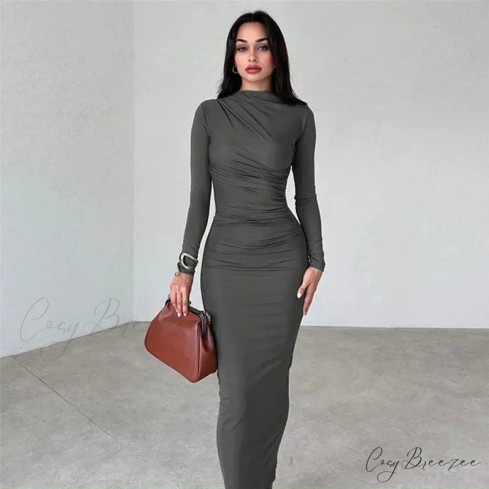 Ruched Long Bodycon Maxi Dress dark grey / S
