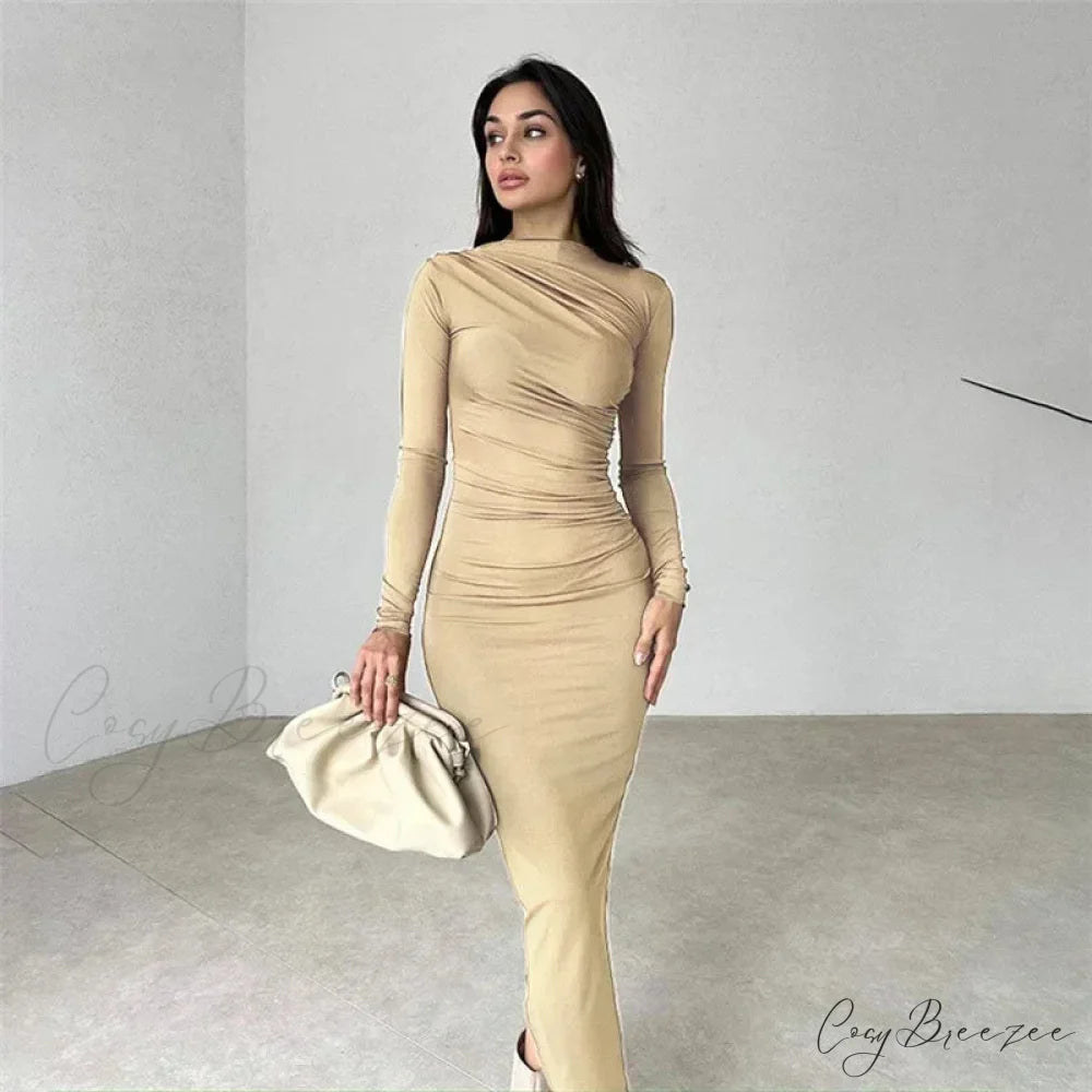Ruched Long Bodycon Maxi Dress Khaki / S