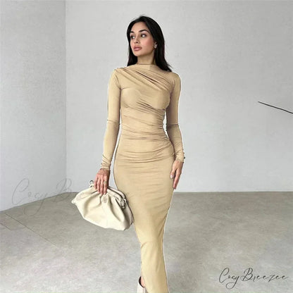 Ruched Long Bodycon Maxi Dress Khaki / S