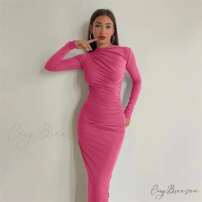 Ruched Long Bodycon Maxi Dress rose red / S