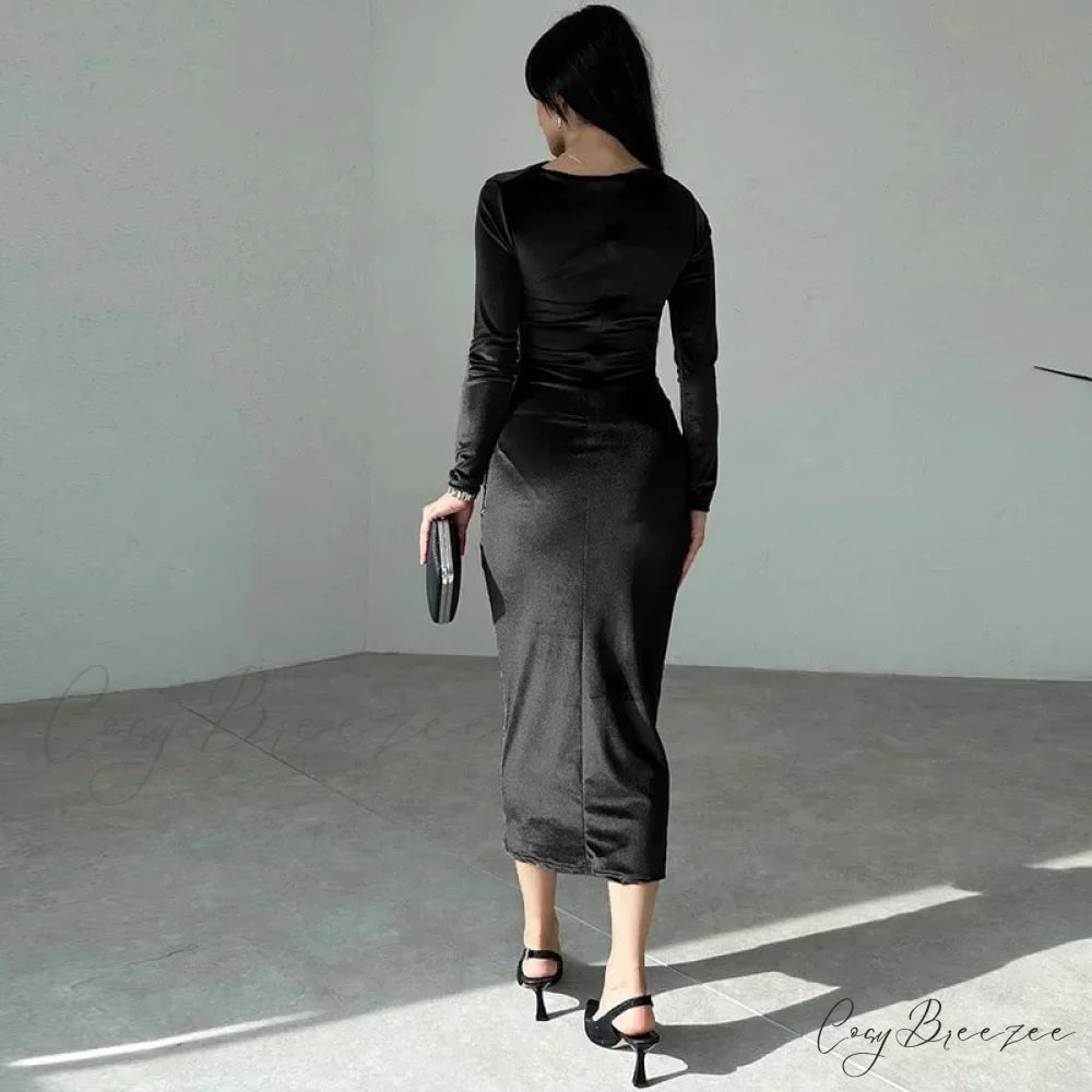 Ruched Long-sleeved Body-hugging Autumnal Elegant Club-ready Skinny Midi Dress