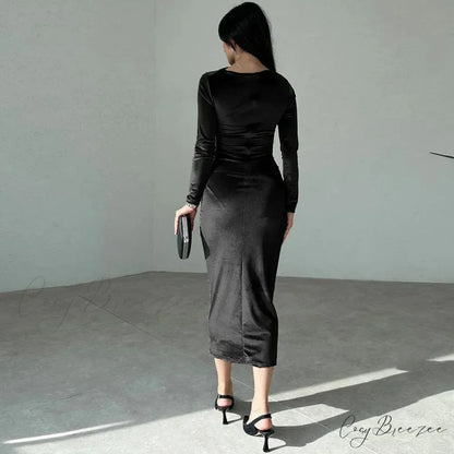Ruched Long-sleeved Body-hugging Autumnal Elegant Club-ready Skinny Midi Dress
