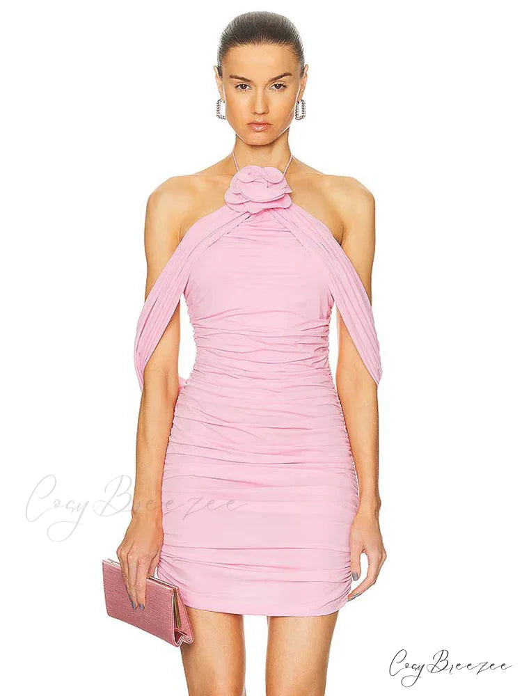 Ruched Off-shoulder Black Party Dress Pink / XS