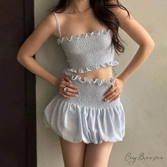 Ruched Plaid Cami Crop Top Mini Bubble Skirt Two Pieces Set twopiecesset-250126