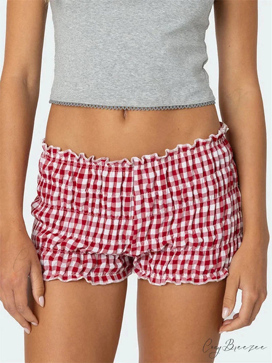 Ruched Plaid Slim Fit Shorts red / S short-250223
