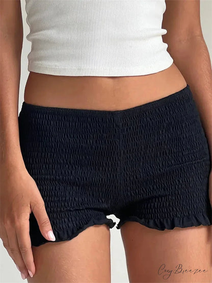 Ruched Ruffled Elastic Waist Shorts black / S short-250223