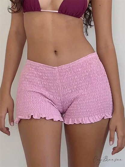 Ruched Ruffled Elastic Waist Shorts pink / S short-250223