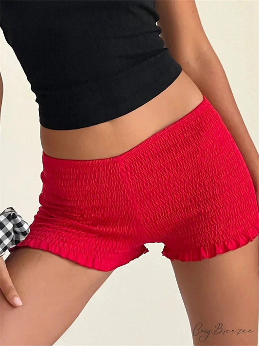 Ruched Ruffled Elastic Waist Shorts red / S short-250223