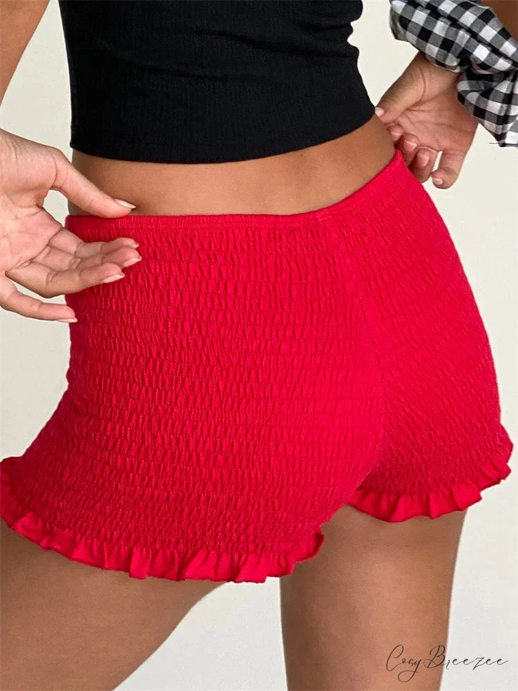 Ruched Ruffled Elastic Waist Shorts short-250223