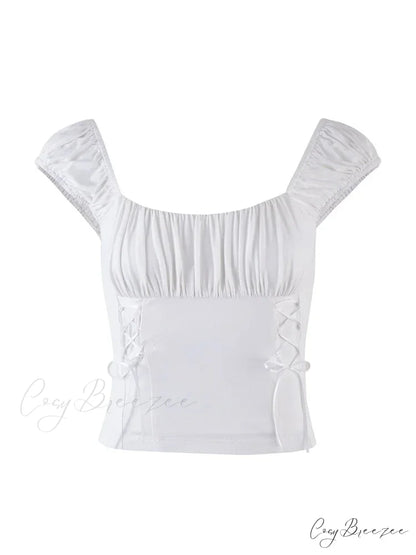 Ruched Short Slim Fit Short Sleeve Side Tie Up Solid Color T-shirts