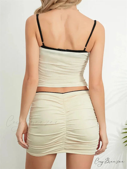 Ruched Summer Sleeveless Crop + Mini Skirt Set twopiecesset-250126