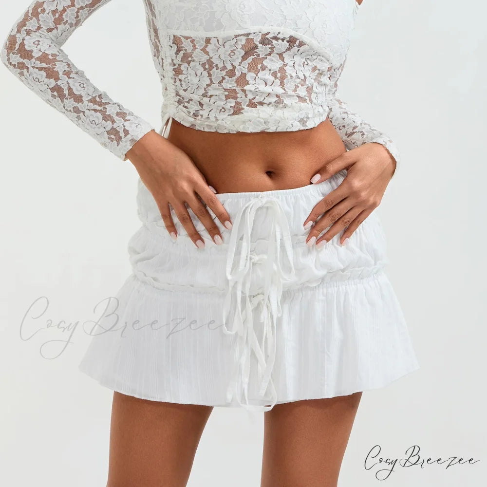 Ruched Tie-Up Front A-Line Skirt WHITE / S skirts-250223