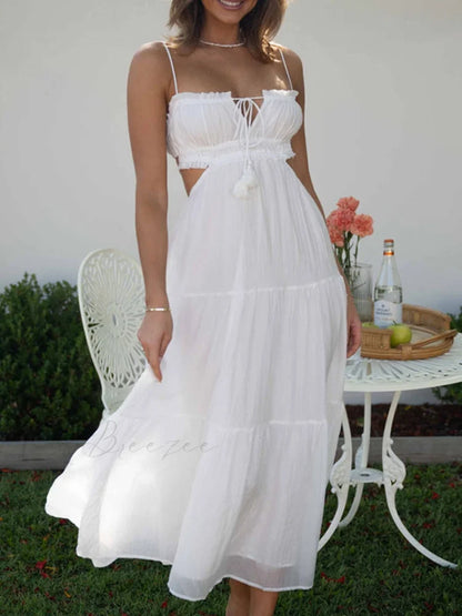 Ruched Tie-Up Stylish Strappy Maxi Dress White / S