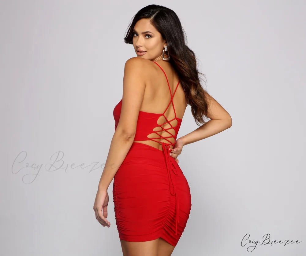 Ruched to The Max Graceful Lace Up Mini Dress