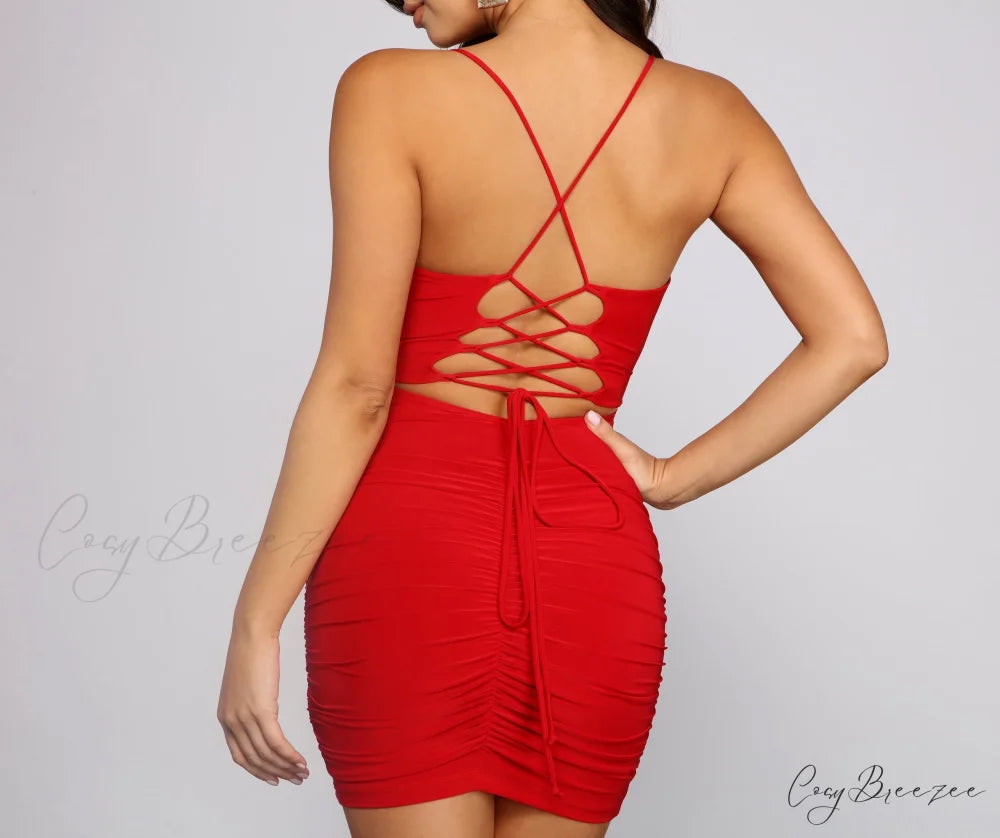 Ruched to The Max Graceful Lace Up Mini Dress