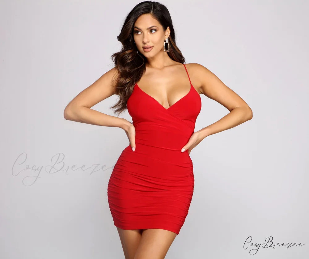 Ruched to The Max Graceful Lace Up Mini Dress RED / XS