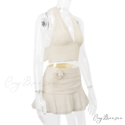 Ruched V-neck Bralette And Graceful Frill Mini Skirt Set