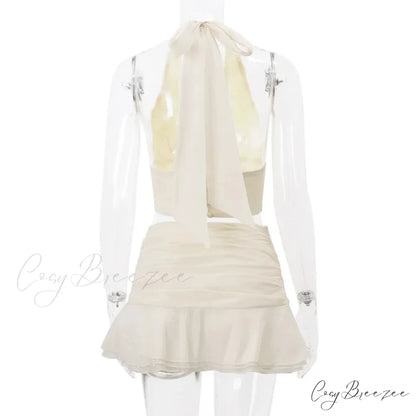 Ruched V-neck Bralette And Graceful Frill Mini Skirt Set