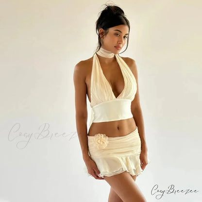 Ruched V-neck Bralette And Graceful Frill Mini Skirt Set